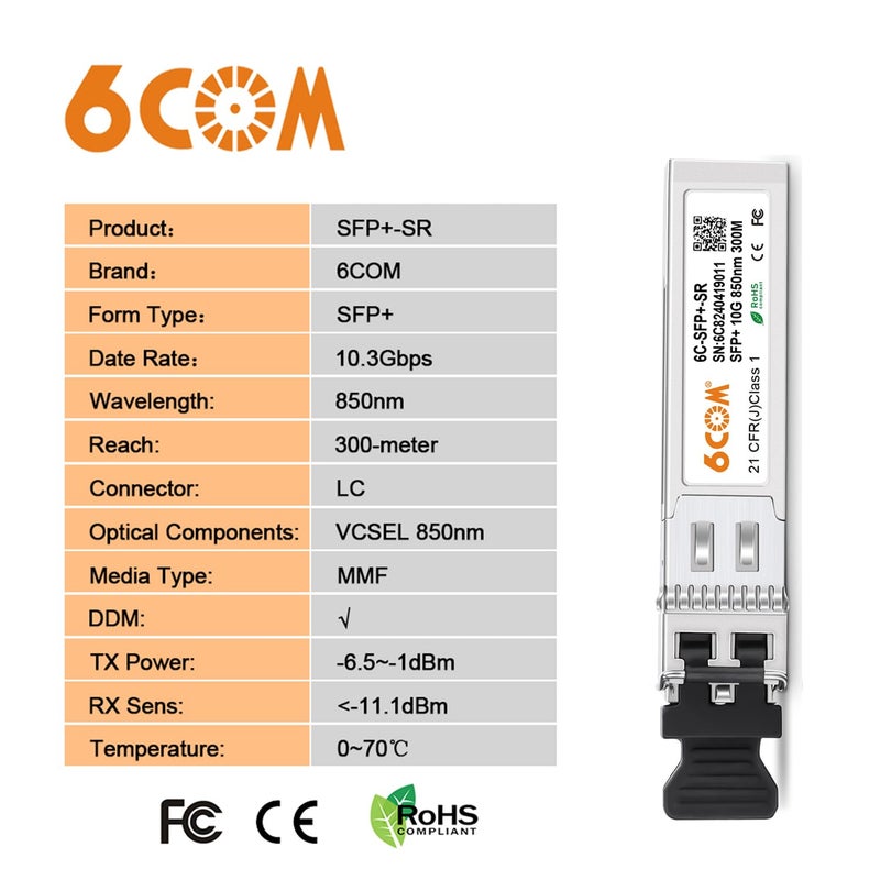 6COM 10Pack 10GBase-SR SFP+ Transceiver, 10G 850nm Multimode Module up to 300M, Compatible for Cisco SFP-10G-SR, Ubiquiti UniFi UF-MM-10G, Meraki MA-SFP-10GB-SR, D-Link, Netgear, Mikrotik, ZTE and More - Image 4
